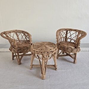Vintage Three Piece Cute Miniature Rattan Patio Set- Two Chairs And Table